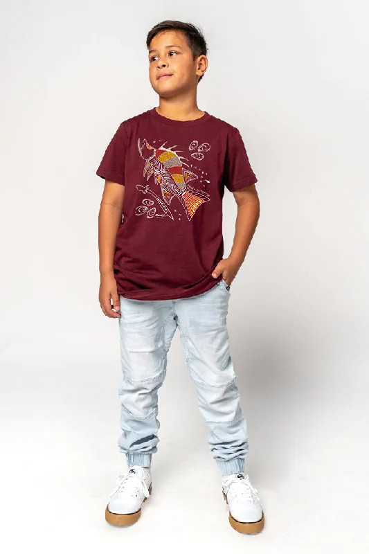 eco-conscious t-shirts for men -Barramundi Hunt Burgundy Cotton Crew Neck Kids T-Shirt