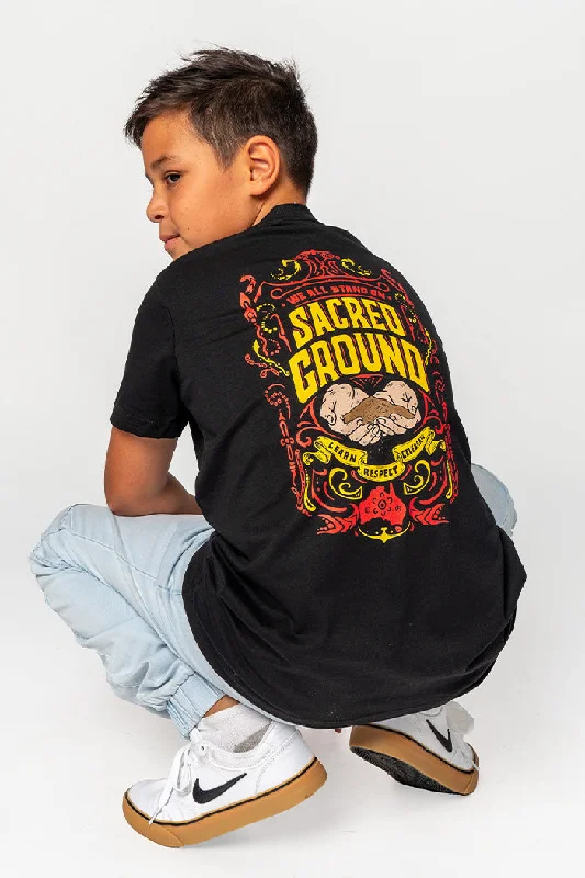 trendy printed t-shirts for men -Vintage Sacred Ground Classic Black Cotton Crew Neck Kids T-Shirt