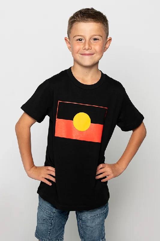 men's graphic t-shirts -"Raise the Flag" Aboriginal Flag (Large) Black Cotton Crew Neck Kids T-Shirt