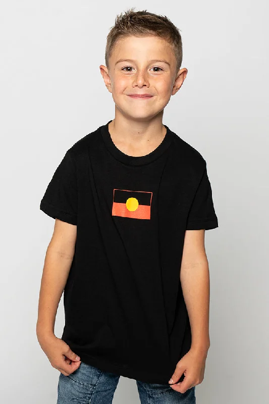 premium t-shirts for men -"Raise the Flag" Aboriginal Flag (Small) Black Cotton Crew Neck Kids T-Shirt