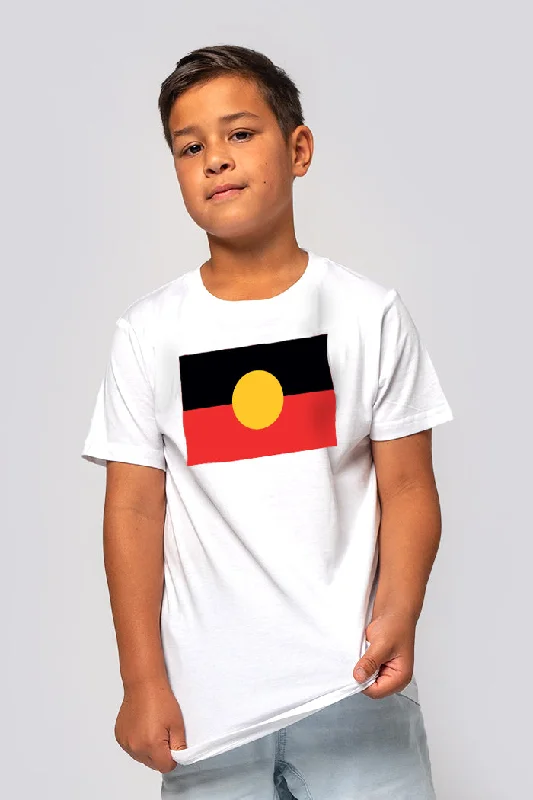 men's t-shirts for casual wear -"Raise the Flag" Aboriginal Flag (Large) White Cotton Crew Neck Kids T-Shirt