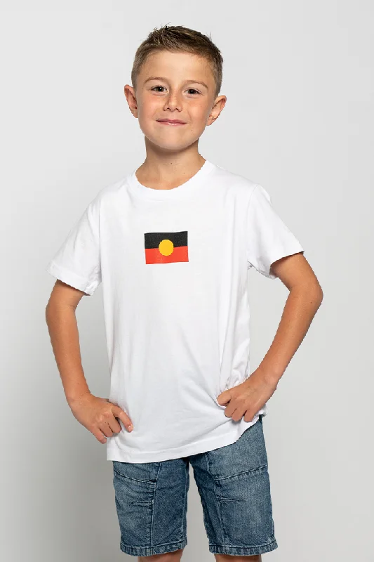 men's stylish printed tees -"Raise the Flag" Aboriginal Flag (Small) White Cotton Crew Neck Kids T-Shirt