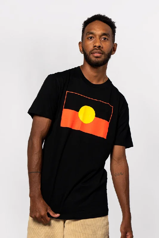 men's fashion-forward t-shirts -"Raise the Flag" Aboriginal Flag (Large) Black Cotton Crew Neck Unisex T-Shirt