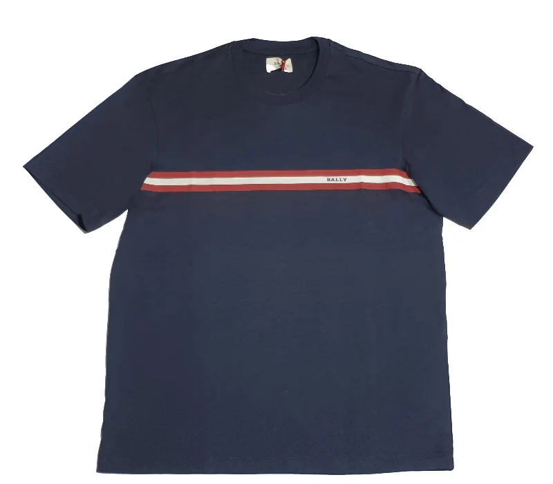 men's v-neck t-shirts -Bally 6233735 Men's Navy Blue 100% Cotton Striped Logo T-Shirt