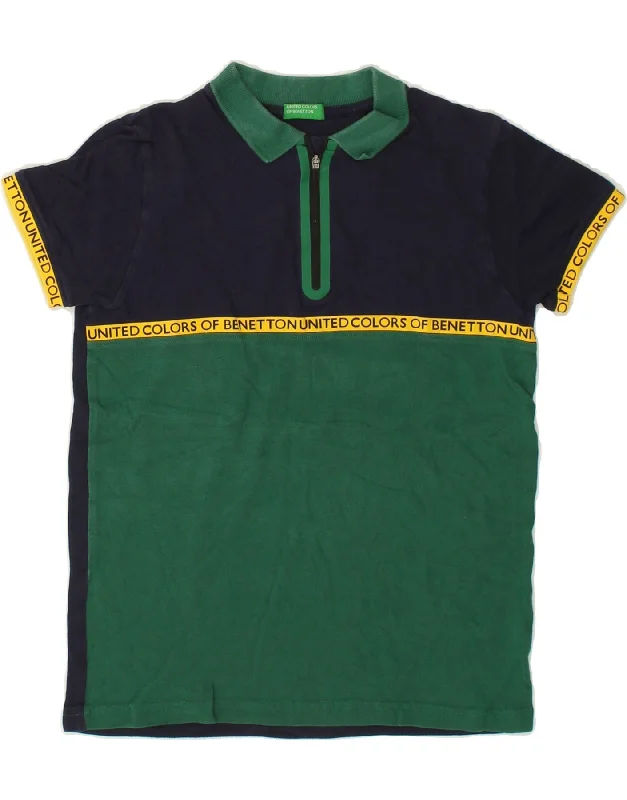 stylish printed polo shirts for men -BENETTON Boys Graphic Zip Neck Polo Shirt 10-11 Years XL Green Colourblock