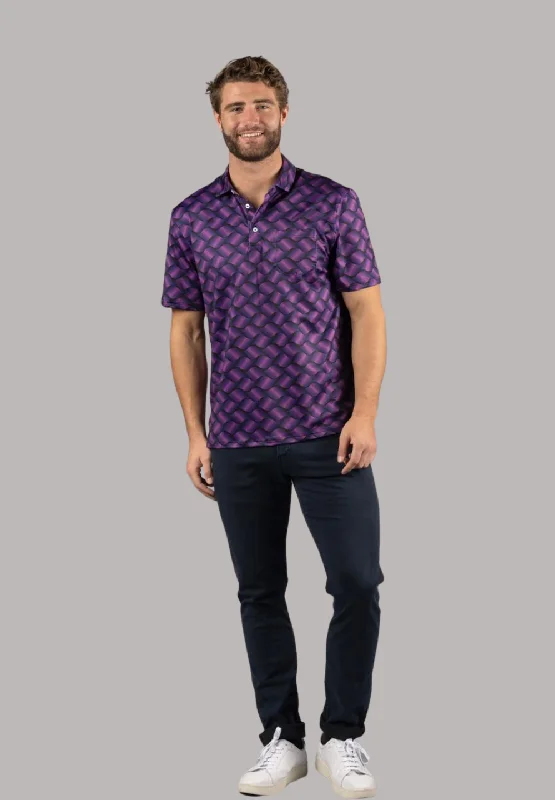 men's polo shirts with mesh back -Black with Purple Waves Print Polo Shirt