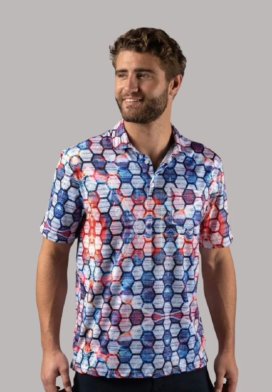 luxury embroidered polo shirts -Blue and Red Honeycomb Polo Shirt