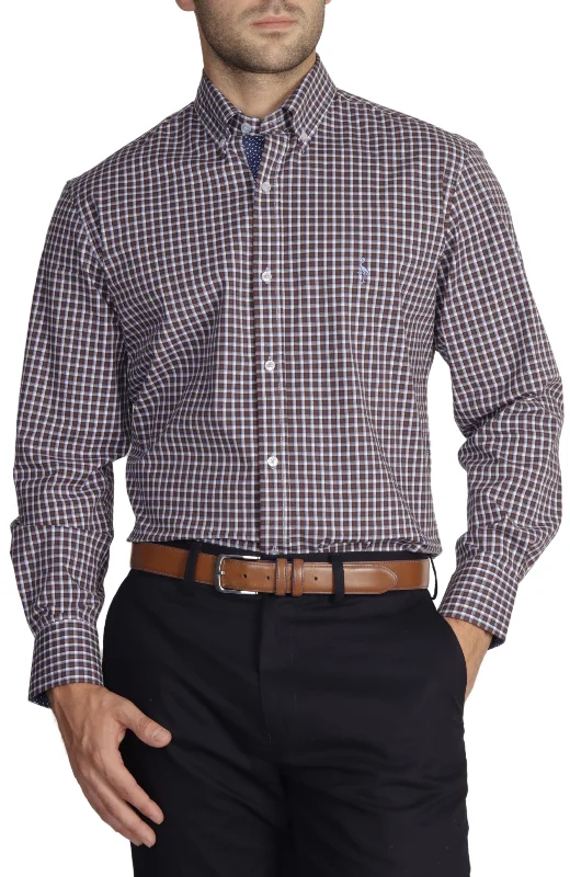 men's casual long-sleeve shirts -Brown Check Cotton Stretch Long Sleeve Shirt