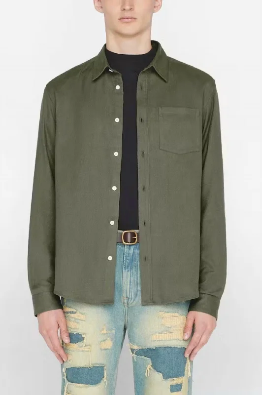 men's slim-fit button-down shirts -Brushed Cotton Shirt In Khaki Green