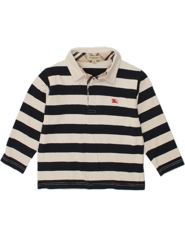 men's polo shirts with side vents -BURBERRY Boys Long Sleeve Rugby Polo Shirt 2-3 Years White Striped Cotton