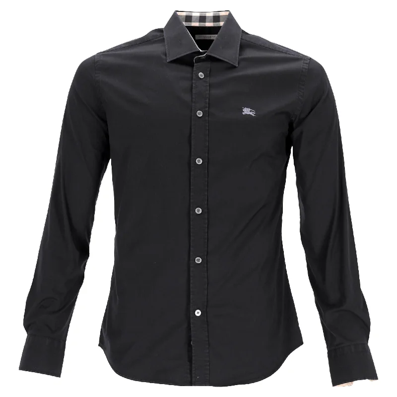 men's comfortable formal shirts -Burberry Logo Embroidered Button Shirt in Black Cotton