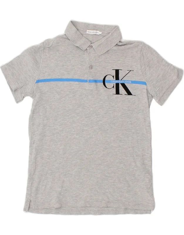 men's short-sleeve polo shirts -CALVIN KLEIN JEANS Boys Graphic Polo Shirt 15-16 Years Grey Cotton