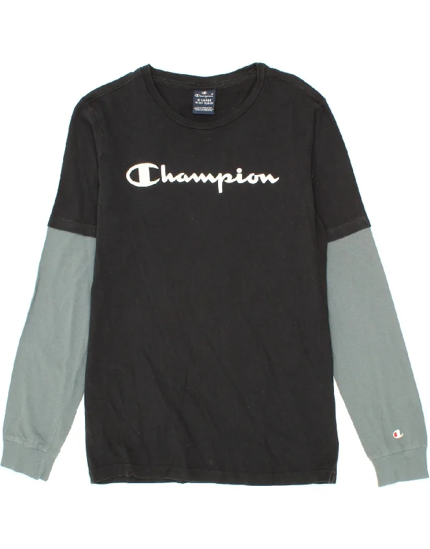 men's printed graphic t-shirts -CHAMPION Boys Graphic Top Long Sleeve 13-14 Years XL Black Colourblock