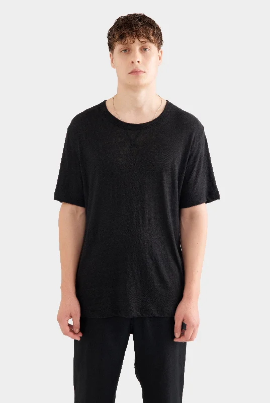 plain t-shirts for men -Coverstitch Linen T-Shirt - Black