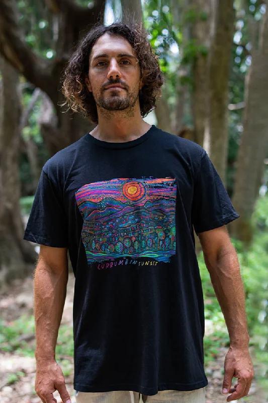 men's casual printed tees -Currumbin Sunset Black Cotton Crew Neck Unisex T-Shirt