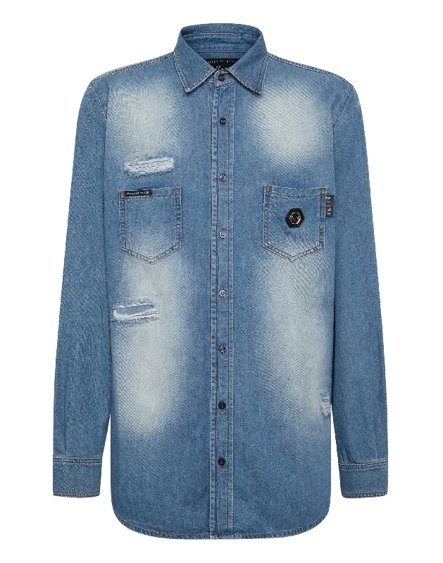 men's button-up shirts with patterns -Denim Shirt Crystal Skull