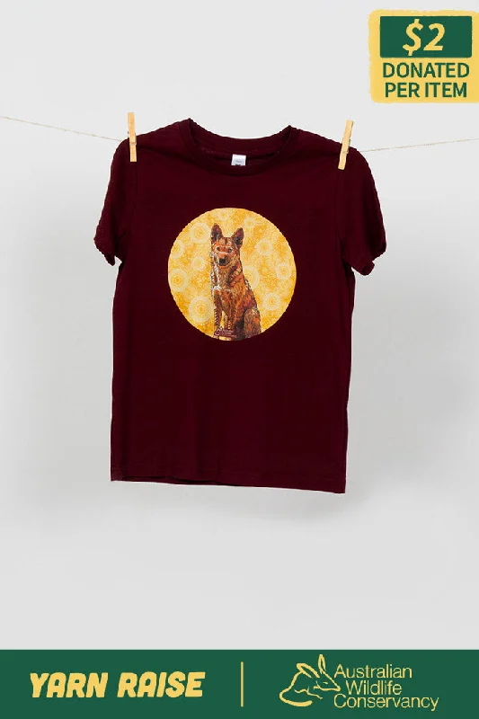 men's graphic tees with quotes -Dingo (Wilkarr) 'Australian Wildlife Conservancy' Burgundy Cotton Crew Neck Kids T-Shirt