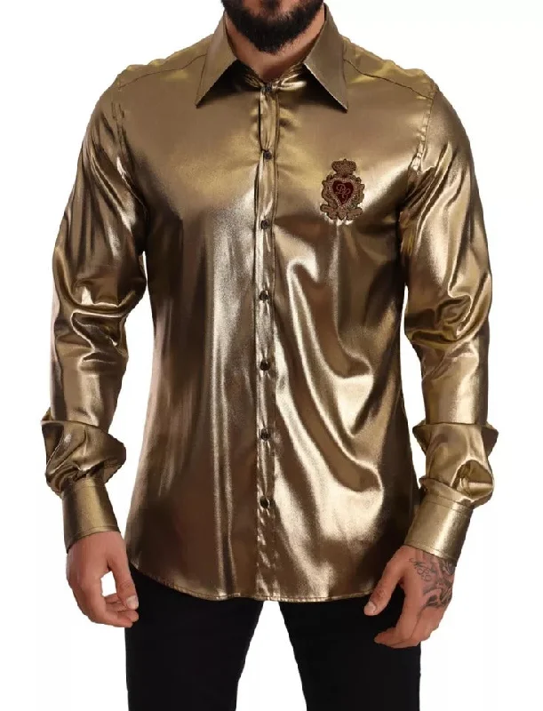 men's lightweight dress shirts -Dolce & Gabbana Metallic  DG Embroide Crown Silk Top Men's Shirt (Pre-Owned)