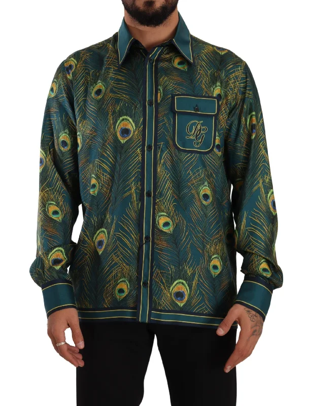 men's linen button-down shirts -Dolce & Gabbana Peacock Feather Print Silk Men's Shirt