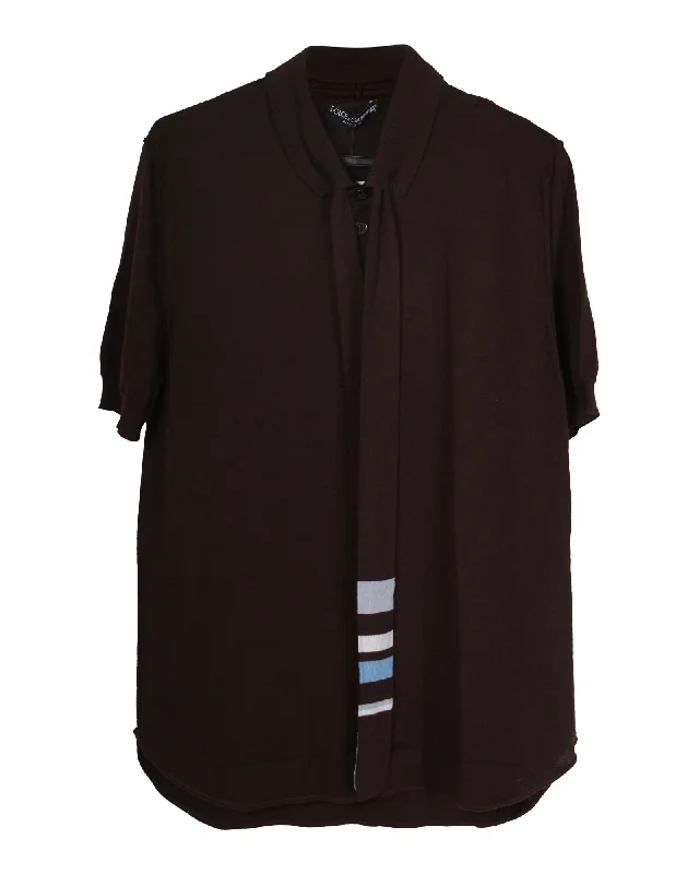 men's short sleeve polo shirts for work -Dolce & Gabbana Polo Shirt with Tie Detail in Brown Virgin Wool