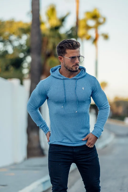 custom hoodies for men -Father Sons Classic Baby Blue Ribbed Knit Hoodie Jumper With Silver Emblem - FSH595