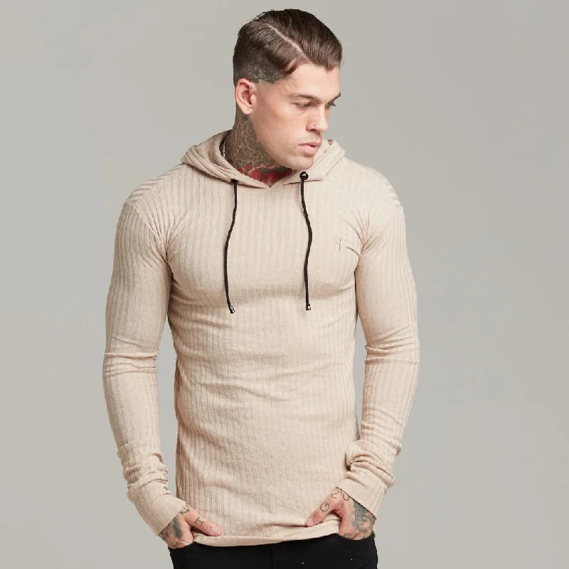 trendy pullover hoodies for men -Father Sons Classic Beige Ribbed Knit Hoodie Jumper - FSH412