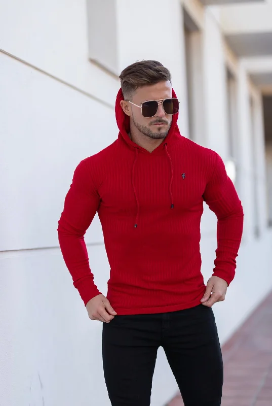 athletic sweatshirts for men -Father Sons Classic Red Ribbed Knit Hoodie Jumper With Black Emblem - FSH620