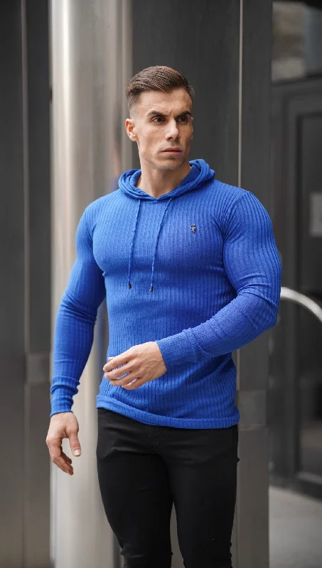 men's casual sweatshirts -Father Sons Classic Royal Blue Ribbed Knit Hoodie Jumper With Black Emblem - FSH597