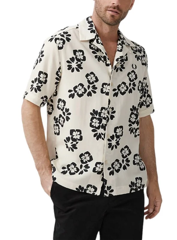 men's premium cotton polo shirts -Floral Print Revere Shirt In White Floral