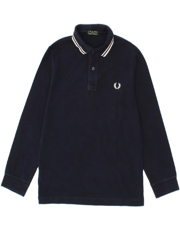 men's fashion polo shirts -FRED PERRY Boys Long Sleeve Polo Shirt 11-12 Years Navy Blue Cotton