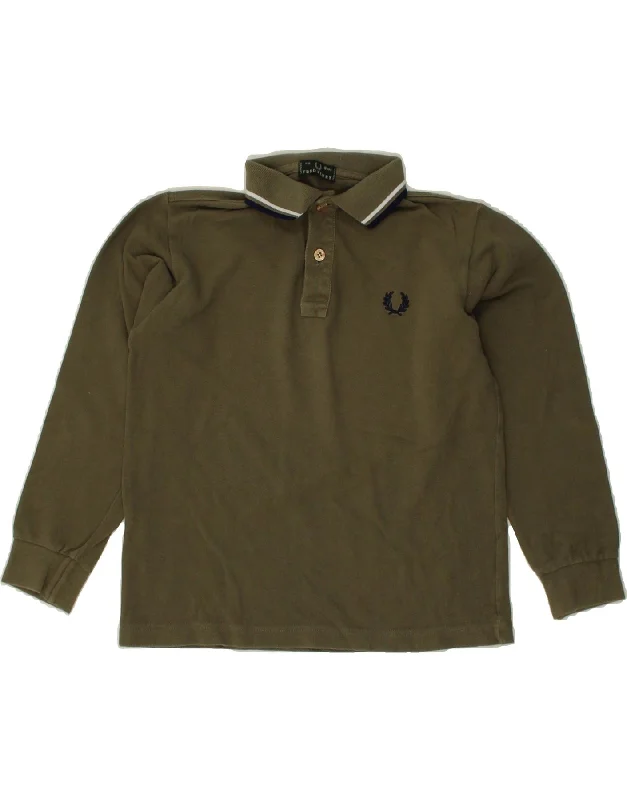 comfortable casual polo shirts for men -FRED PERRY Boys Long Sleeve Polo Shirt 7-8 Years Khaki Cotton