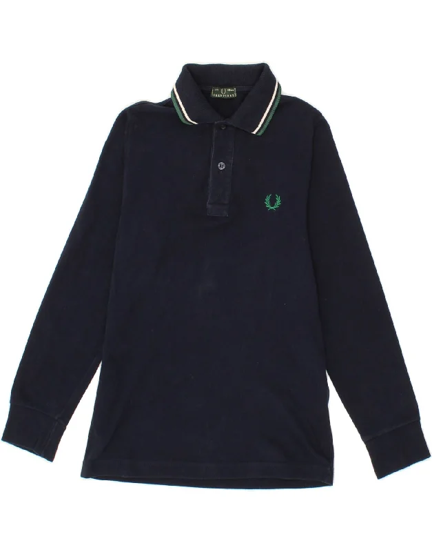 trendy polo shirts for men -FRED PERRY Boys Long Sleeve Polo Shirt 9-10 Years Navy Blue Cotton