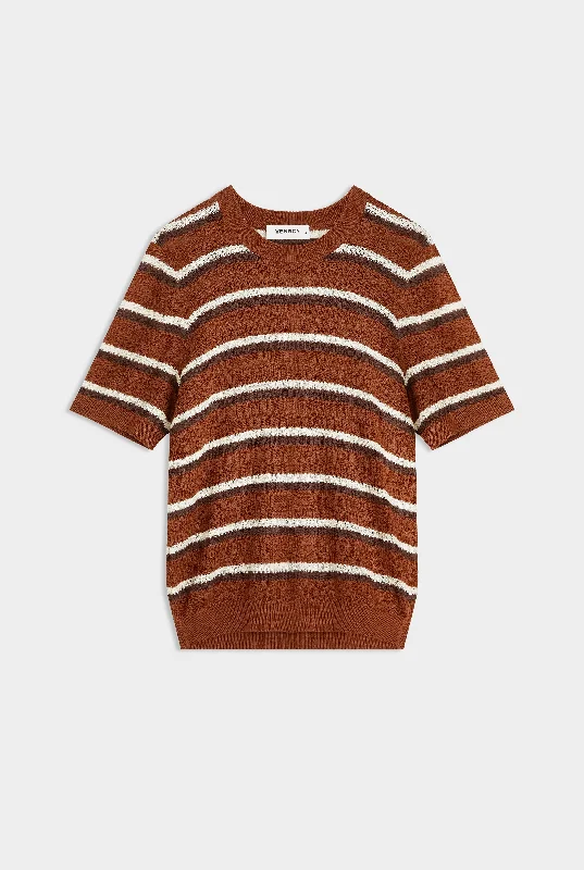 men's graphic tees with quotes -Knitted Tencel Stripe T-Shirt - Brown/Rust/Cream Stripe