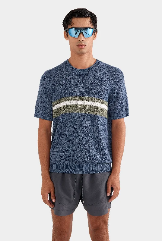 men's custom t-shirts -Knitted Tencel Stripe T-Shirt - Steel Blue/Sea Spray/Off White Stripe