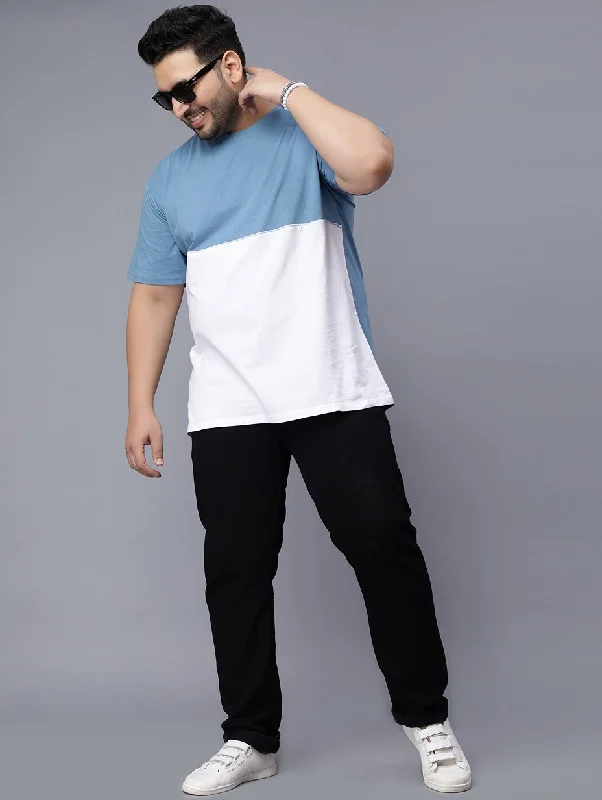 graphic tees for men -Light Blue & White Color Block Plus Size T-shirt