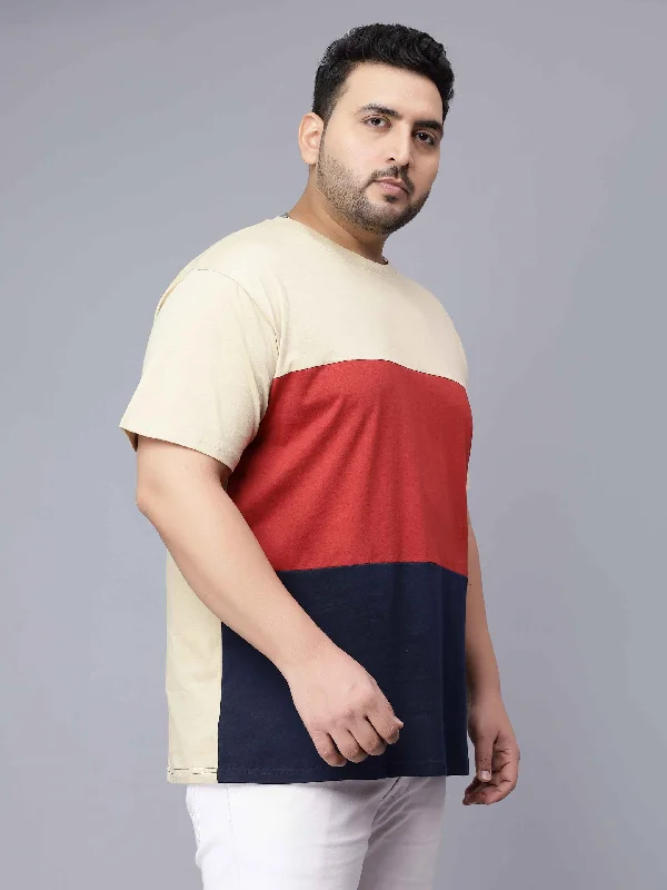 vibrant printed t-shirts for men -Beige Triple Color Block Plus Size T-shirt