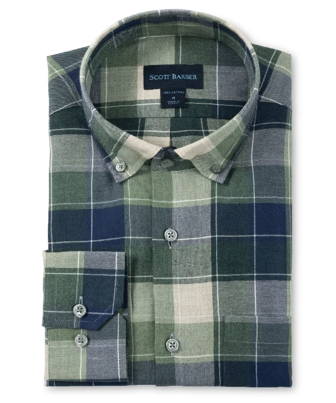 men's linen button-down shirts -Lightweight Twill Plaid, Navy