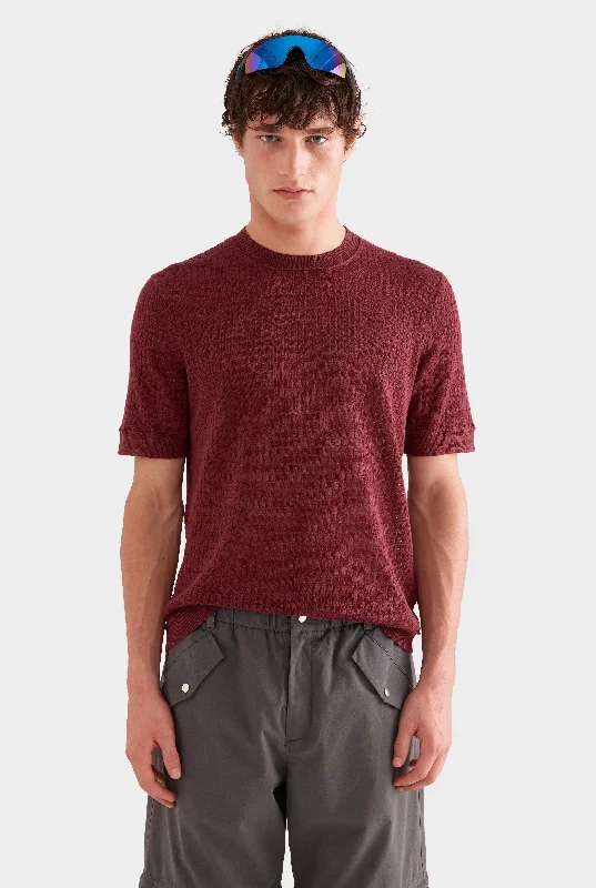 men's t-shirts for casual wear -Linen Raw Edge Detail Knit T-Shirt -  Port Wine