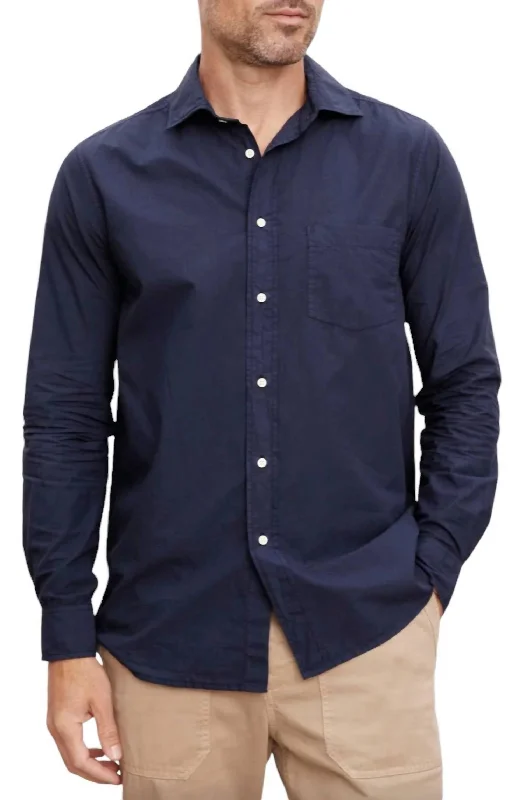 classic white shirts for men -Long Sleeved Brooks Shirt In Navy Blue