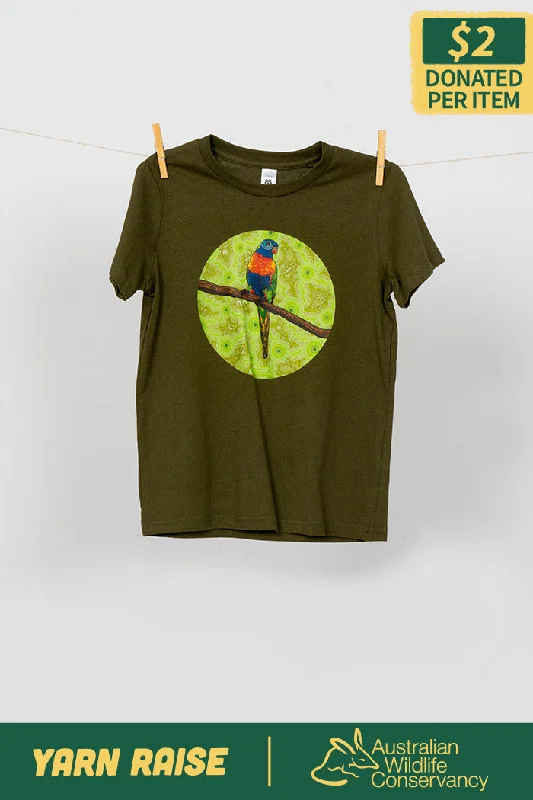 men's crew neck printed t-shirts -Lorikeet 'Australian Wildlife Conservancy' Army Cotton Crew Neck Kids T-Shirt