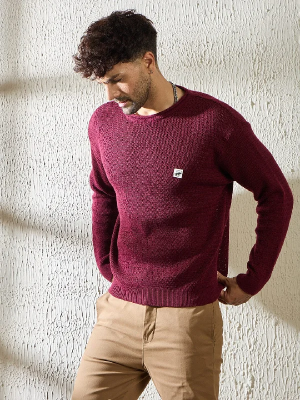 casual t-shirts for men -Mauve Sheer Long Sleeve Knitted T-shirt