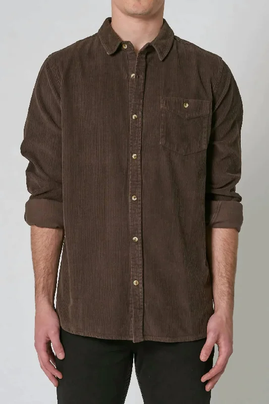 men's casual plaid shirts -Men At Work Cord Shirt In Brown