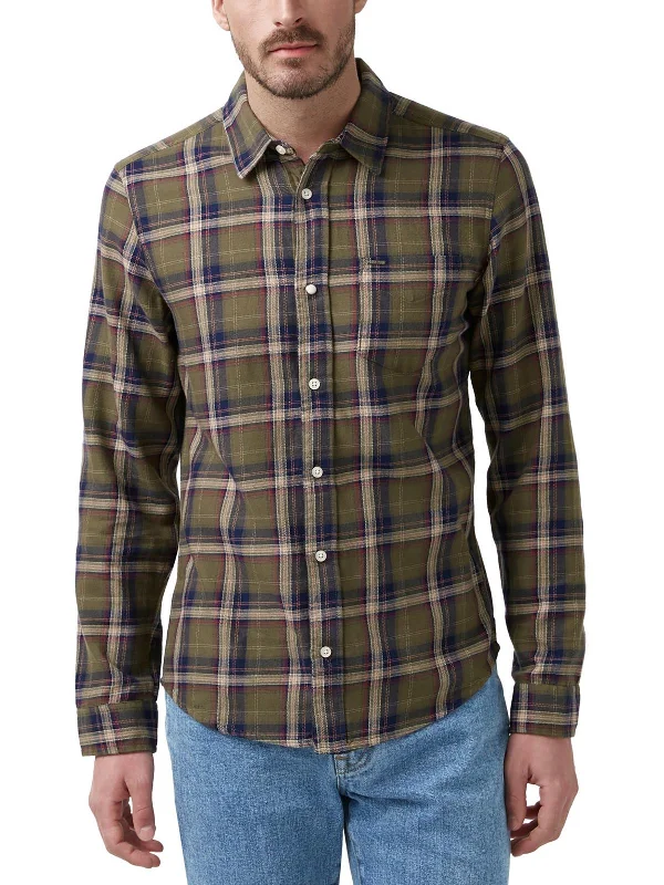 men's casual office shirts -Mens Cotton Plaid Button-Down Shirt