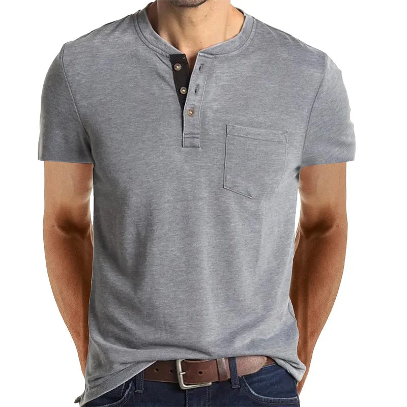 cool vintage t-shirts for men -Men's Henley Button Cotton T-shirts With Pocket