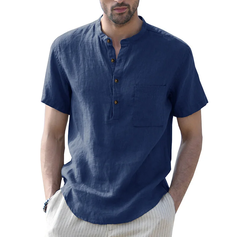 men's urban style t-shirts -Men's Linen Cotton Henley Comfortable T-shirts