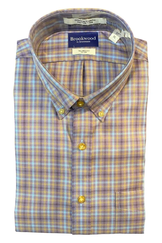 men's comfy casual shirts -Men's Plaid Sport Shirt In Purple/tan