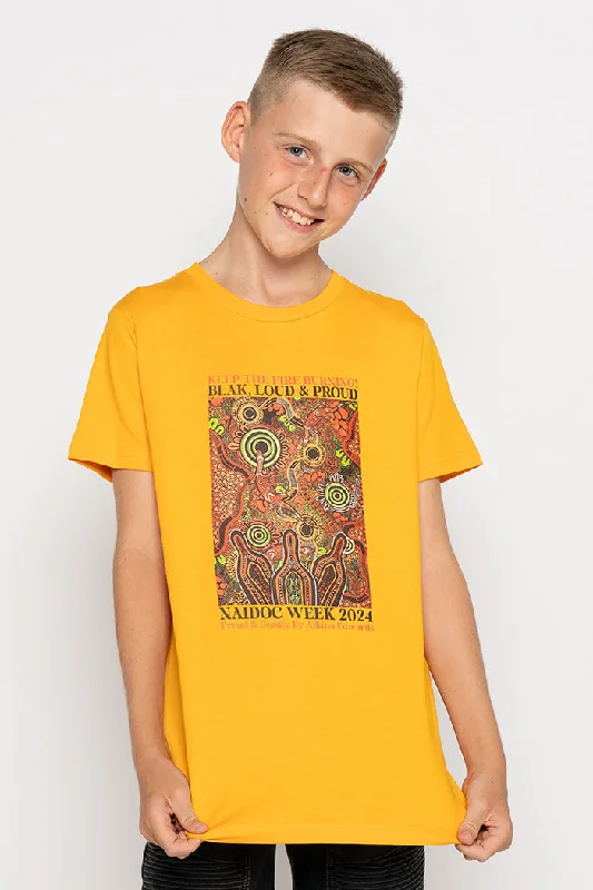 trendy printed t-shirts for men -Proud & Deadly NAIDOC 2024 Gold Cotton Crew Neck Kids T-Shirt