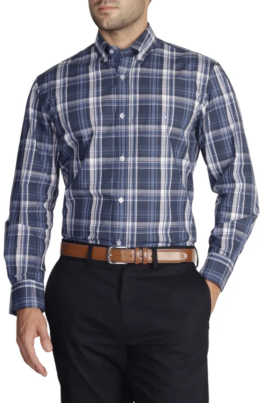 men's Oxford shirts -Navy Large Plaid Cotton Stretch Long Sleeve Shirt