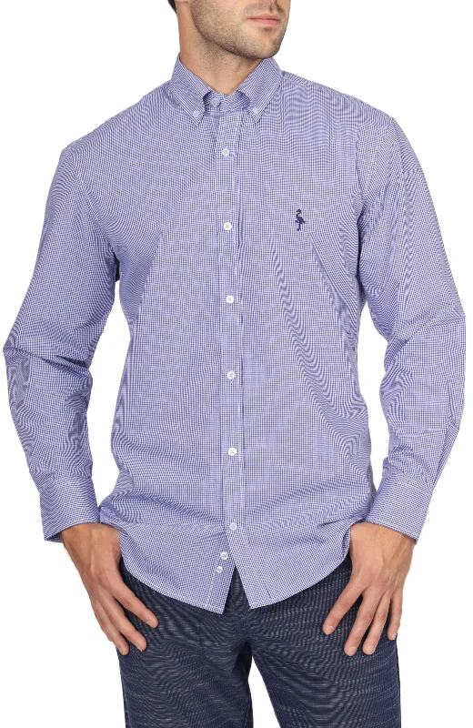 men's breathable shirts -Navy Mini Gingham 'On The Fly' Long Sleeve Shirt