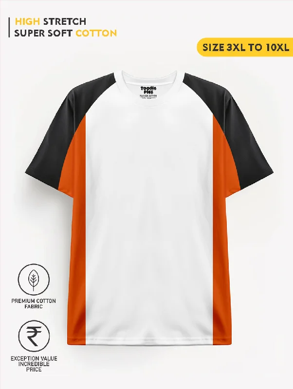 men's stylish v-neck tees -Orange White Black Colourblock Plus Size T-shirt